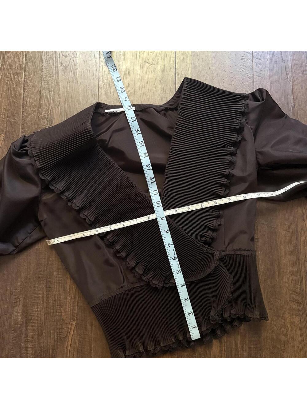 Victorian Inspired VTG 80s Top Brown Ruffled Puff Sleeve Satin Blouse XS/S - Picture 4 of 4